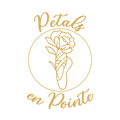 A gold logo design featuring a stylized line art illustration of a rose inside a circle, with the text 'Petal en Pointe' written in elegant cursive script above and below, set against a solid white background.