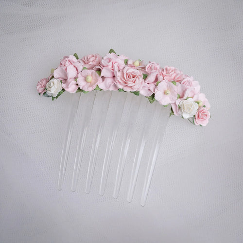 Ballet French twist clear hair comb with a pink and white floral design on a white background