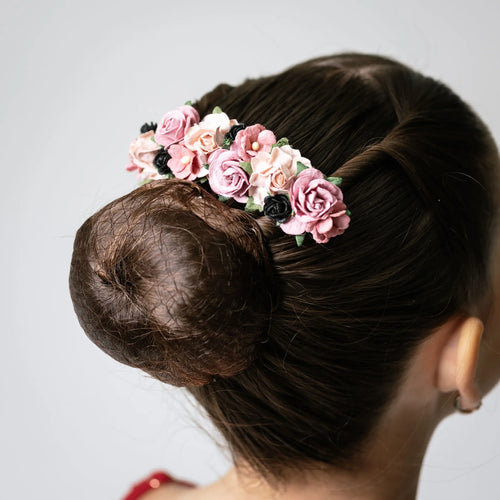 Ballet French twist clear hair comb with a burgundy, light pink & black mixed floral design on a bun