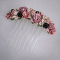 Ballet French twist clear hair comb with a burgundy, light pink & black mixed floral design on a white background