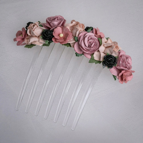 Ballet French twist clear hair comb with a burgundy, light pink & black mixed floral design on a white background