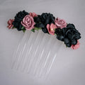 Ballet French twist clear hair comb with a black and burgundy floral design on a white background