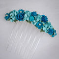 Ballet French twist clear hair comb with blue and teal floral design on a white background